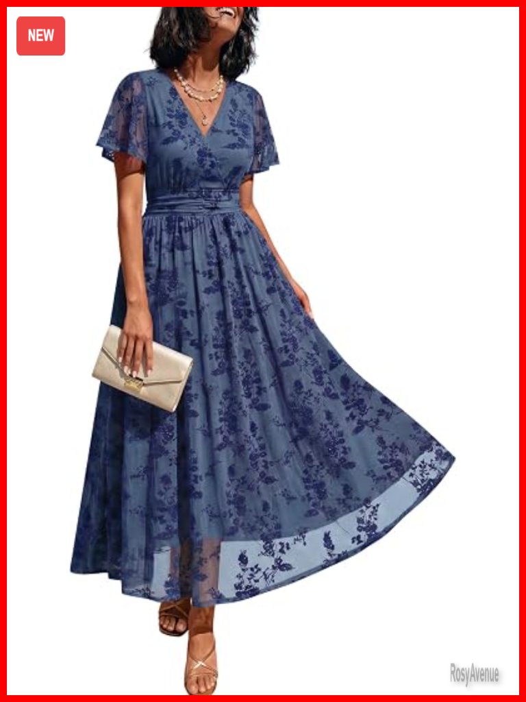 Women's Casual Maxi Dress V-Neck Short Sleeve Floral Print Side Pockets